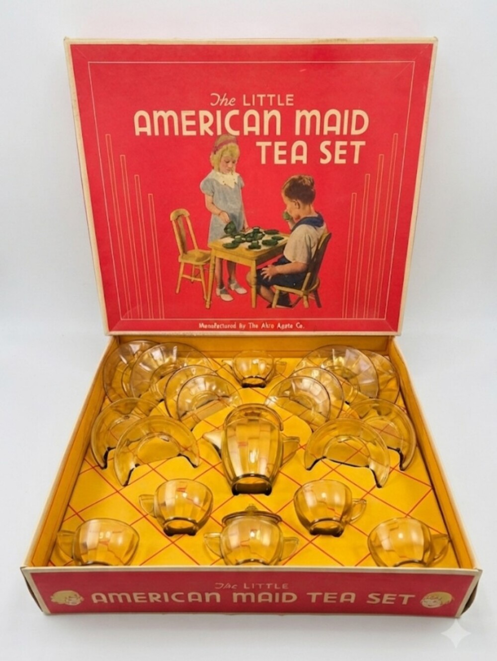 IOB Vintage 1930s Akro Agate "Little American Maid" Tea Set, Topaz